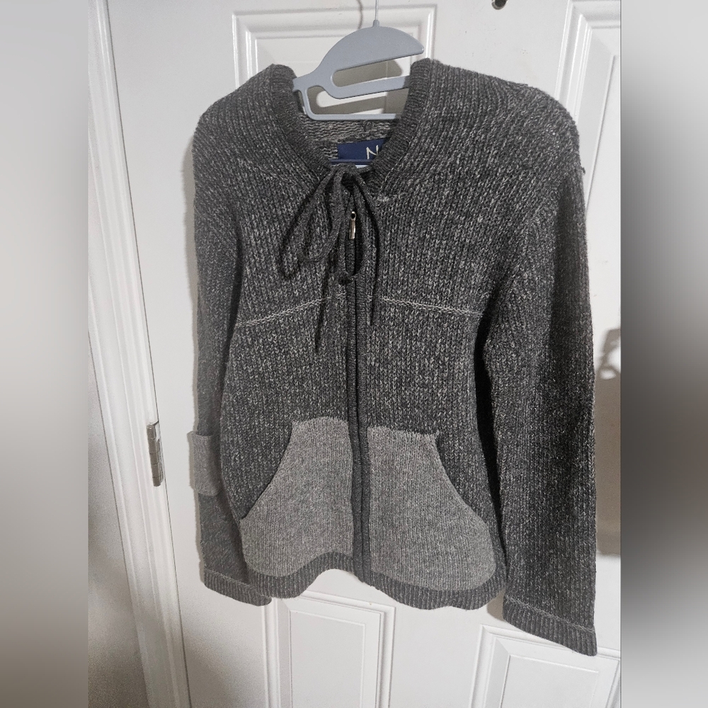 Small Nua Wool Silk Gray Knit Zip-Up Sweater Hoodie Pockets